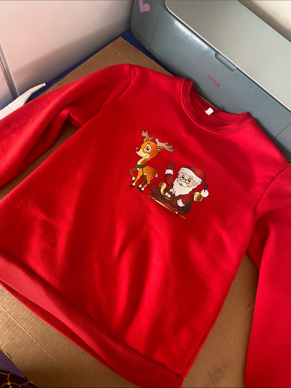 Red Christmas Sweatshirt with Santa and Reindeer Graphic